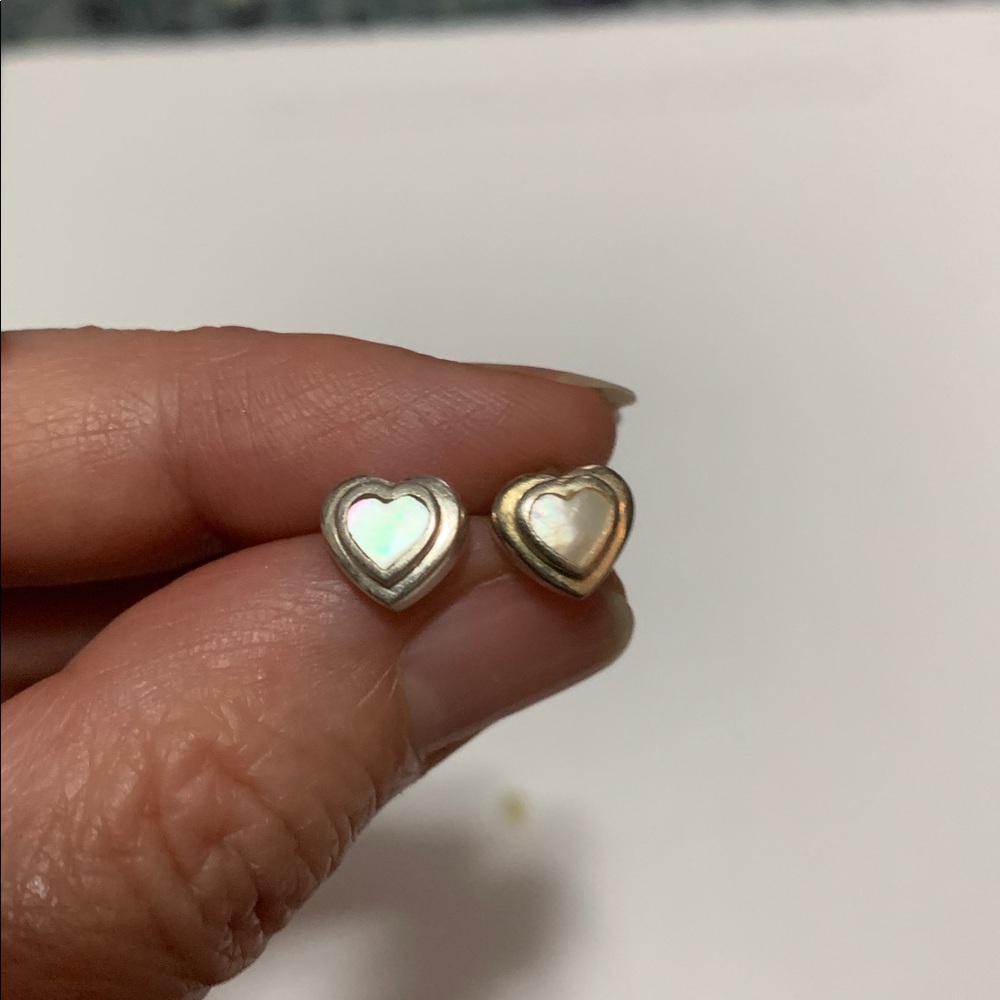 Sterling Silver heart w inlaid mother of pearl stud 1/4” pierced Earrings